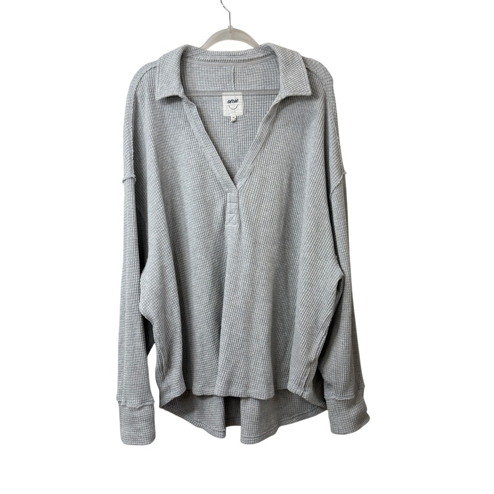 Aerie Oversized Waffle Knit Henley Top Heather Gray Cozy Lounge Relaxed Fit XXL